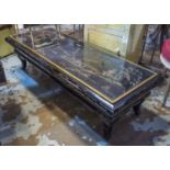 CHINESE LOW TABLE, black lacquer with polychrome and gilt figurative detail, 129cm x 50cm x 39cm H.