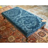 HEARTH STOOL, patterned turquoise blue velvet upholstered, 124cm x 65cm.
