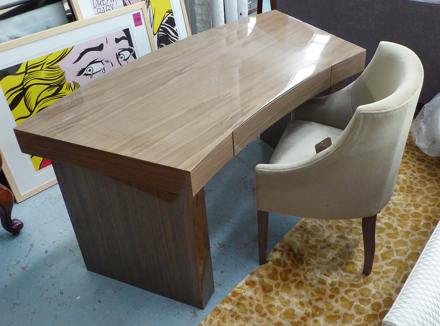 CURVED DESK, contemporary style, 148cm W x 70cm D x 79cm H, plus a chenille chair, 60cm W x 80cm H.