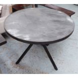 CENTRE TABLE, circular with metal clad top on square supports, 90cm diam x 74cm H.