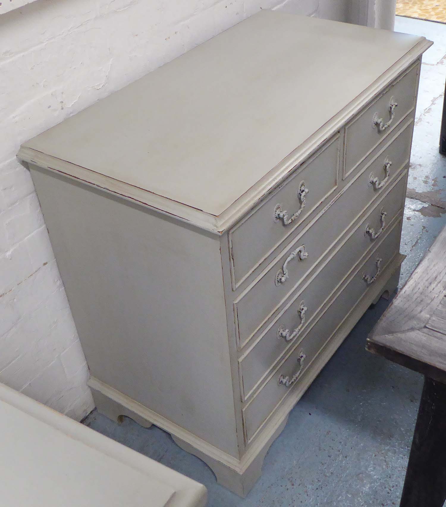 CHEST OF DRAWERS, with two drawers over three drawers, in F&B grey distressed effect painted finish,