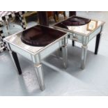 MIRRORED SIDE TABLES, a pair, on square supports, 50cm x 50cm x 52cm H.