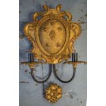 WALL LIGHTS, a pair giltwood, rosette style, each with two branch candelabra, 55cm H x 31cm W.