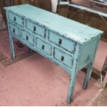 ORIENTAL STYLE SIDEBOARD, in Mindi wood, seven drawers, with distressed cerulean blue finish,