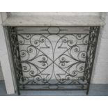 CONSOLE TABLE, rectangular white Carrara marble top on intricate wrought iron scroll support,