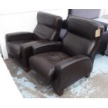 ARMCHAIRS, a pair, in dark brown leather on square supports, 80cm W.