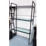 DISPLAY SHELVES, in a black metal frame, with three glass shelves, 110cm x 48cm x 202cm H.