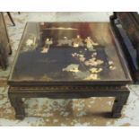 CHINESE LOW TABLE, black lacquered with applied figural detail and a square glass top,