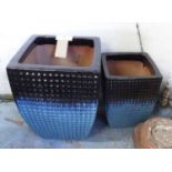 PLANTERS, a graduated pair, glazed, square tops with indented detail, black over blue,