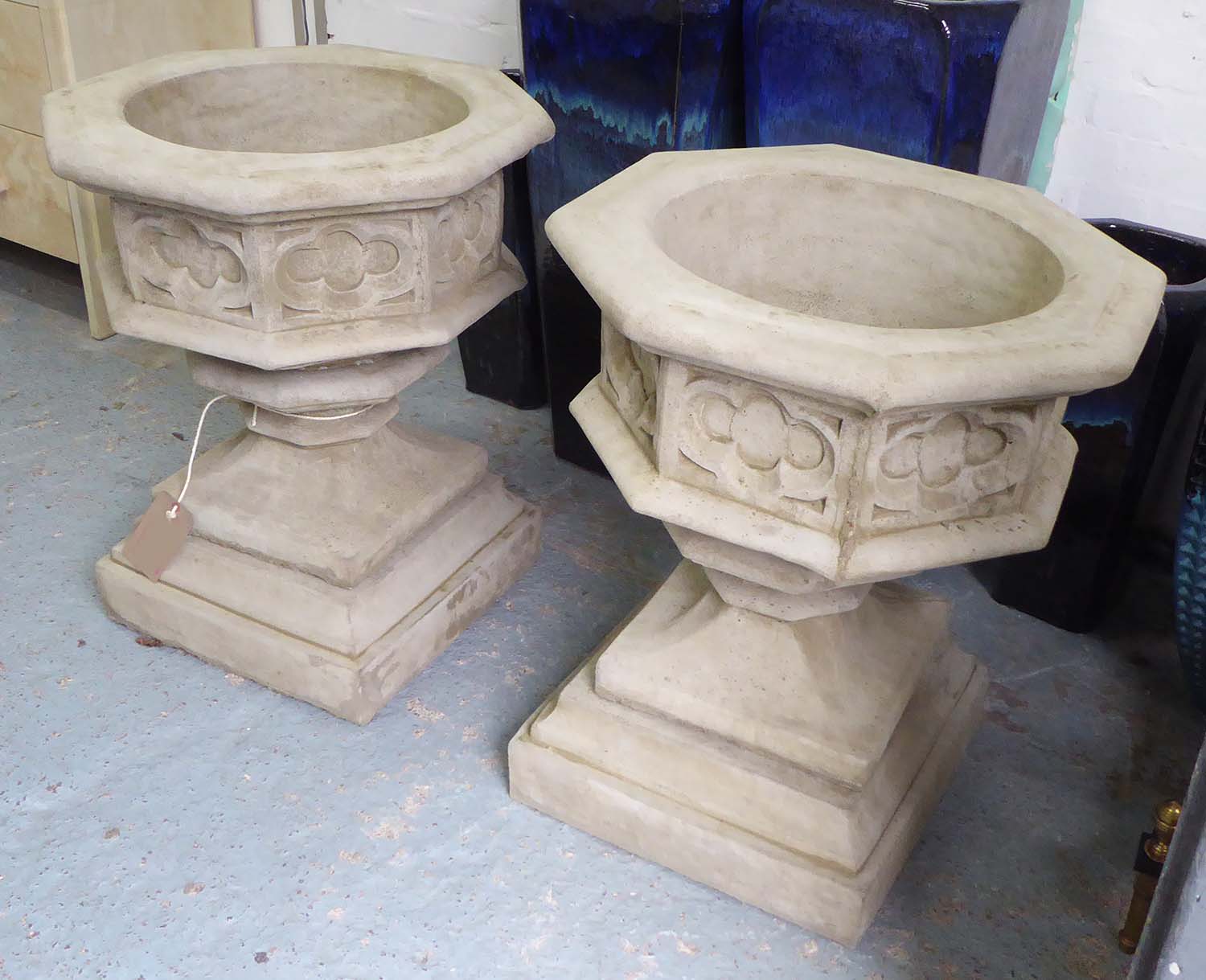 FONTS / PLANTERS, a pair in reconstituted stone, Gothic style, 87cm H.