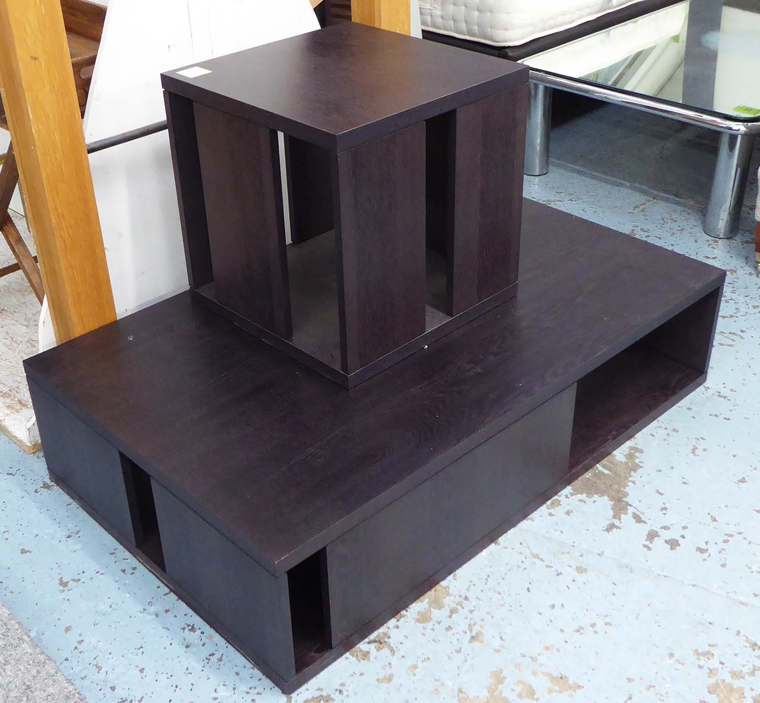 LOW TABLE, dark wood, contemporary style, 80cm x 130cm x 32cm H, plus a side table to match,