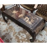 CHINESE LOW TABLE, black lacquer of curved form with applied figurative decorative detail,