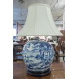 TABLE LAMP, converted Chinese style blue and white urn base, with shade, 73cm H.