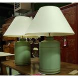 TABLE LAMPS, a pair, converted Chinese style urn bases with shades, 70cm H.