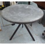 CENTRE TABLE, circular with metal clad top on square supports, 90cm diam x 74cm H.