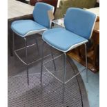 BAR STOOLS, a pair, by Boss design model 'Kruze' blue upholstery, cost £340 each new,