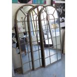 GARDEN MIRRORS, a set of three, with top in a metal distressed verdigris effect frame, 153cm x 66cm.
