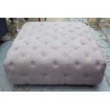 POUFFE, in buttoned grey fabric, on turned support, 98cm x 95cm x 38cm.