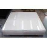 ROCHE BOBOIS LOW TABLE, white leather with glass top, 105cm x 105cm x 23cm.