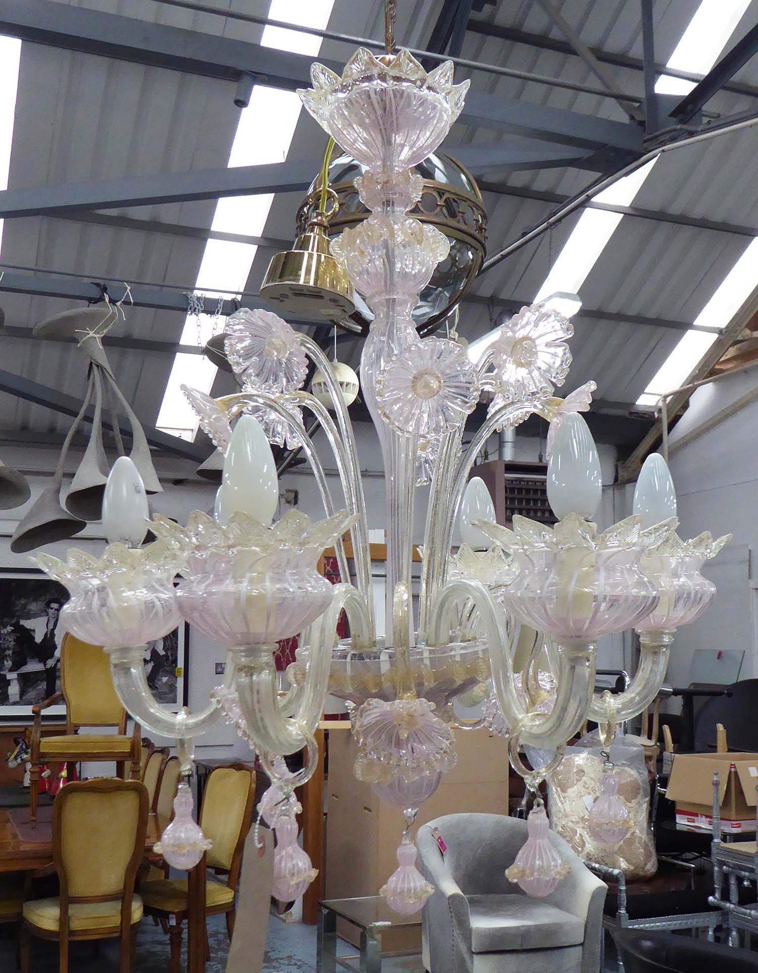 MURANO CHANDELIER, circa 1970s, with six lighting arms (one ball hanging detached), approx 68cm H.