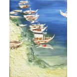 20TH CENTURY SCHOOL 'Boats along the coast', mixed media on canvas, signed, 125cm x 90cm.