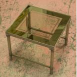 LAMP TABLES, a pair, Regency style, silvered metal, each square glazed with stretchered supports,