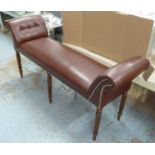 WINDOW SEAT, brown leather with six carved reeded supports, 41cm D x 146cm L x 69cm H.