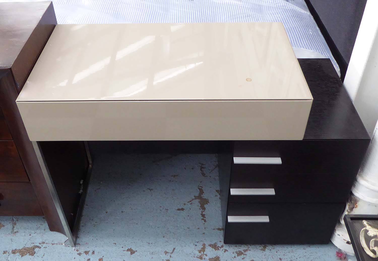 VANITY TABLE, neutral glass top with single drawer with a bank of three drawers,