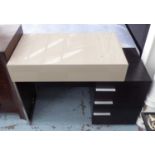 VANITY TABLE, neutral glass top with single drawer with a bank of three drawers,