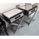 MIRRORED SIDE TABLES, a pair, luggage style on chromed metal X framed supports,