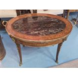 TRAY TABLE, Louis XVI style marquetry inlaid with flowerhead decoration having an oval marble top,