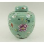 CHINESE GINGER JAR, the green ground decorated with flowering sprays in colours, 24cm H max.