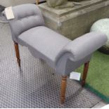 HALL SEAT IN GREY FABRIC, on turned fluted supports, 100cm L.