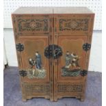 CHINESE TABLE TOP CABINET, of folding form, red lacquer with floral detail,