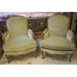 BALZAROTTI BERGERES, a pair, Louis XV style beechwood in green chenille with cushion seats.