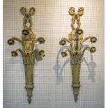 WALL LIGHTS, a pair Louis XVI style brass of large proportions, with five sconces,