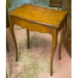 SIDE TABLE, Victorian burr walnut in the French Louis XV style with cabriole supports and drawer,