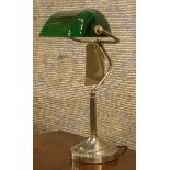 BANKERS LAMP, traditional silvered metal with green glass shade, 40cm H.