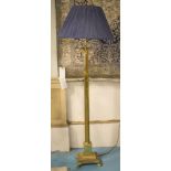 STANDARD LAMP, brass, of corinthian column form with blue pleated shade, 163cm H overall.