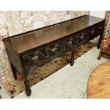 DRESSER BASE, Victorian oak, fitted three deep foliate carved drawers, turned front legs,
