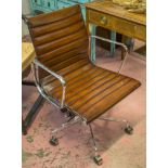 REVOLVING DESK CHAIR, Charles Eames inspired ribbed hand finished leaf brown leather,