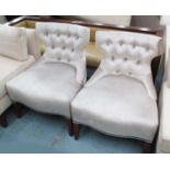 EASY CHAIRS, a pair, silk button back in cream fabric on square supports, 61cm W.