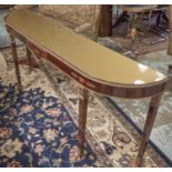 CONSOLE TABLE, of large proportions, D shaped with carved gilt detail and an inlaid glass top,