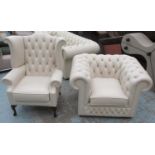 CHESTERFIELD ARMCHAIR, with buttoned cream leather upholstery on bun feet, 108cm W x 70cm H,