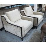 ARMCHAIRS, a pair, upholstered in beige velvet with dark stained wooden details and plinth,