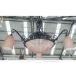CHANDELIER, French, Art Deco style, pale pink glass shades on wrought iron frame,