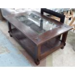 LOMBOK LOW TABLE, dark hardwood, with inset glass top above lower tier, 120cm L x 80cm W x 50cm H.