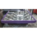 MIRRORED OCCASIONAL TABLE, antique effect with purple fabric surround on square supports,