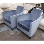 ARMCHAIRS, a pair, in blue silk mohair from fox linton, each 72cm W.