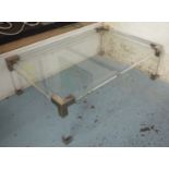 LOW TABLE, perspex with glass top and polished metal corners and feet, 120cm x 80cm x 40cm H.